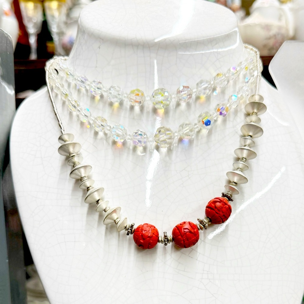 Set of Two Chinese Carved Cinnabar & Glass AB Beads Double Strand Vintage